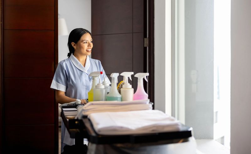 Latin American maid working at a hotel and smiling while pushing a cart with cleaning products