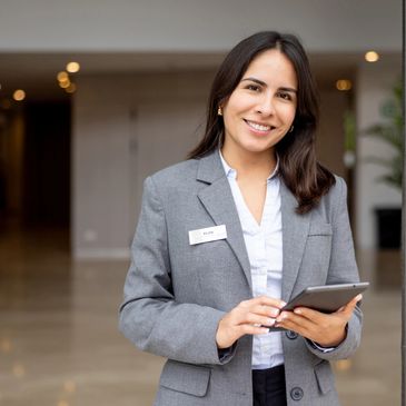 Professional woman in gray suit holding a tablet and smiling.