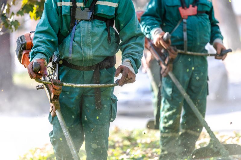 Two groundskeepers, dressed in green, are diligently trimming grass and weeds in a park while dust and debris float in the air, under a clear blue sky.