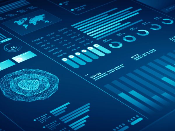 Futuristic digital dashboard with data visualizations and charts in blue.
