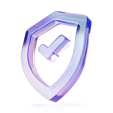 Transparent blue shield with a checkmark symbolizing security.