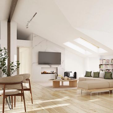 Bright modern living room with skylights and a beige sectional sofa.