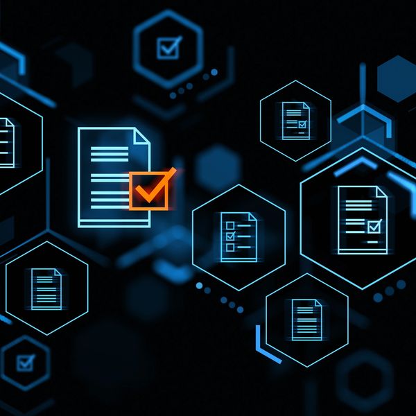 Digital interface with glowing checklists and documents in hexagonal frames.
