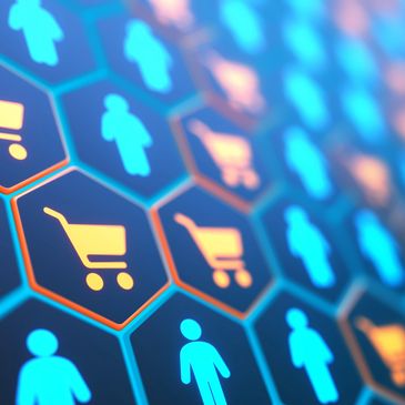 Digital icons of shopping carts and people in hexagonal cells.