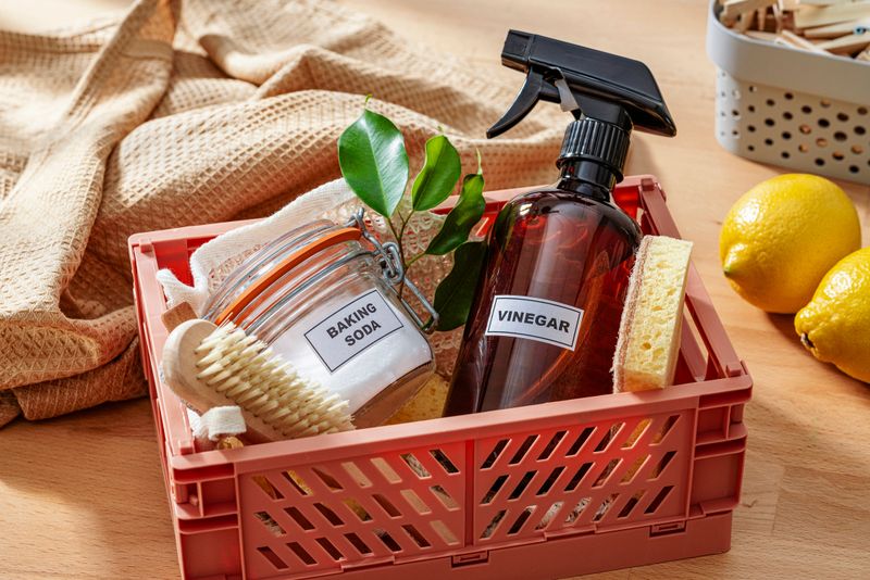 Home cleaning with natural and eco friendly products: Baking soda, white vinegar, lemon, scrubbing brush and cleaning sponge High resolution 42Mp studio digital capture taken with Sony A7rII and Sony FE 90mm f2.8 macro G OSS lens