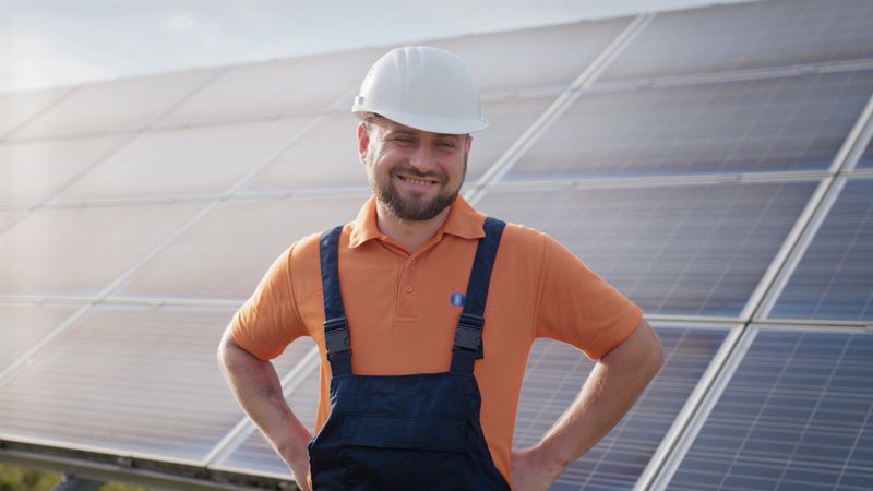 Happy caucasian engineer in helmet smiling at camera at solar power station outside. Positive worker. Ecological industry. Solar farm concept. Concept of solar station development and green energy.