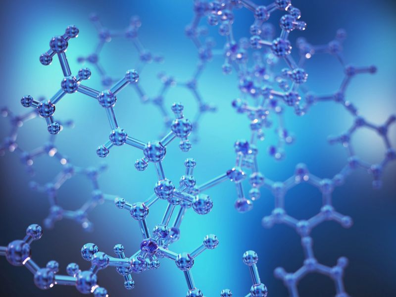 A complex molecular structure showcases numerous interconnected bonds against a calming blue backdrop, symbolizing advances in science and technology.