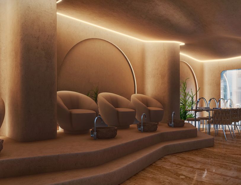 Stylish modern spa seating with foot baths and warm lighting.