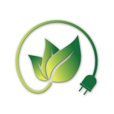 Green energy symbol combining leaves and an electric plug.