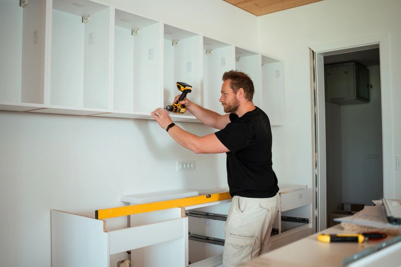 Focused male skillfully installs shelving in a bright kitchen. Wearing casual work attire, he wields a hammer with precision, surrounded by essential tools and cabinetry components.