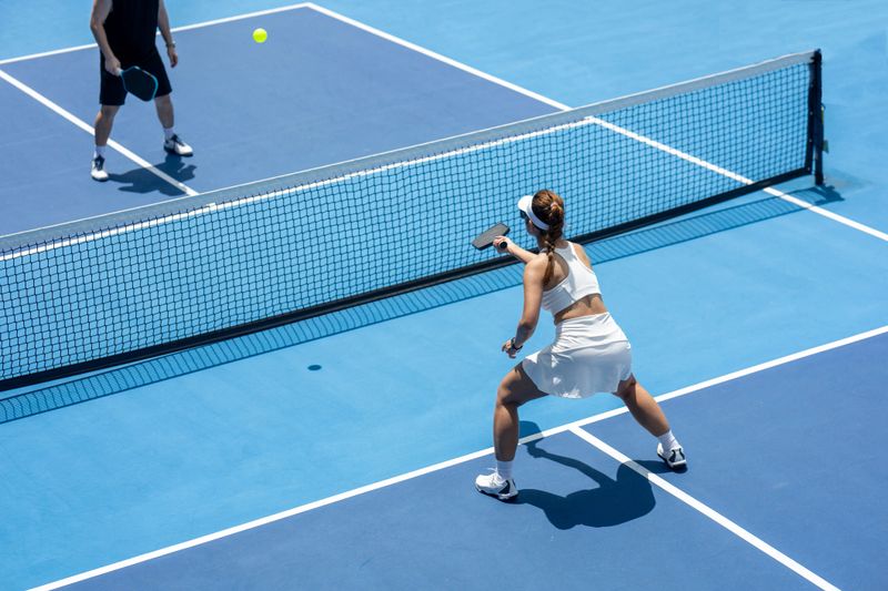 A female pickleball player returns a serve of a bright yellow ball on a dedicated court at a public park.