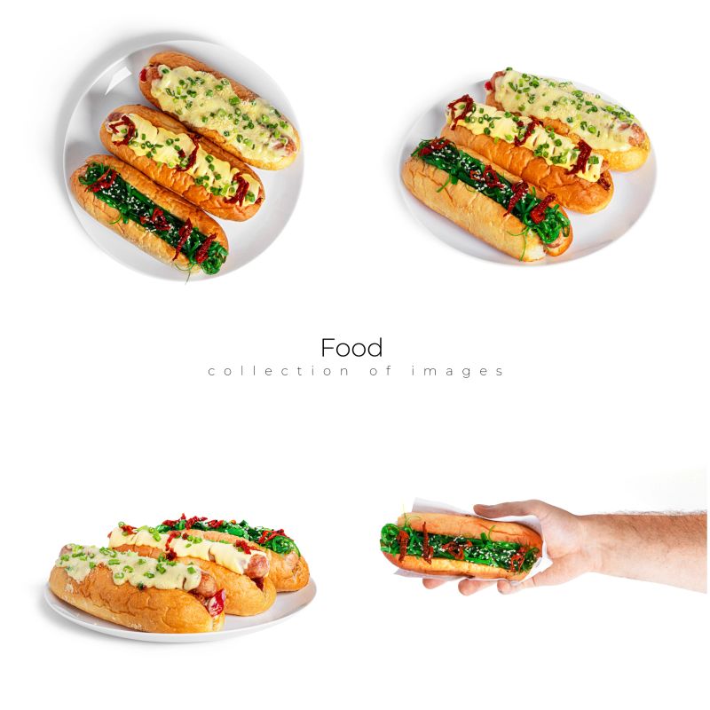 Three hot dogs are beautifully arranged on plates, each garnished with different toppings like sauces and herbs. A hand holds one dog, highlighting its toppings.