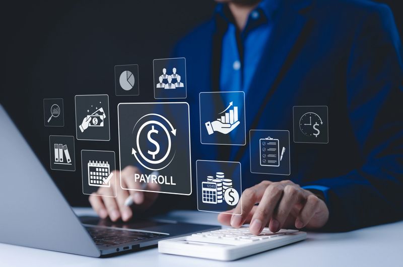 Payroll Management and Financial Processing System. Businessman works on payroll management with icons for payment, employee salaries, scheduling, analysis finance, and efficient payroll operations.