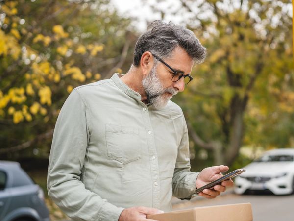Man holding a package and checking his phone outdoors in autumn.