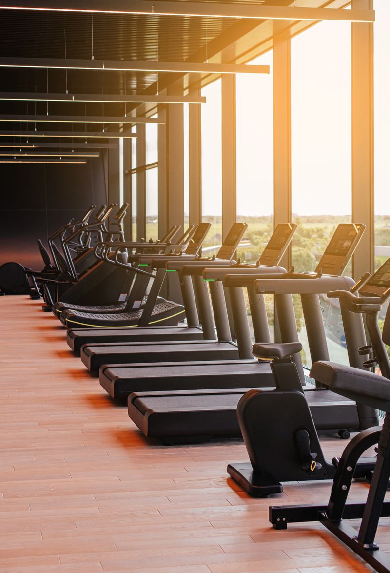 Modern gym interior with a row of state of the treadmills lined up against large windows.