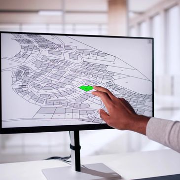 Person pointing at a green-highlighted plot on a digital map on a monitor.
