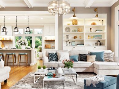 Bright and airy living room with modern furniture and large windows.