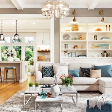 Bright modern living room with elegant decor and open kitchen.