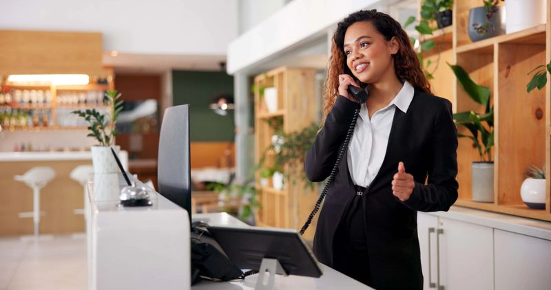 Hotel, reception and call of booking consultant with African woman, customer care and hospitality enquiry for villa. Staff, service and question at lobby desk with conversation, helping and support