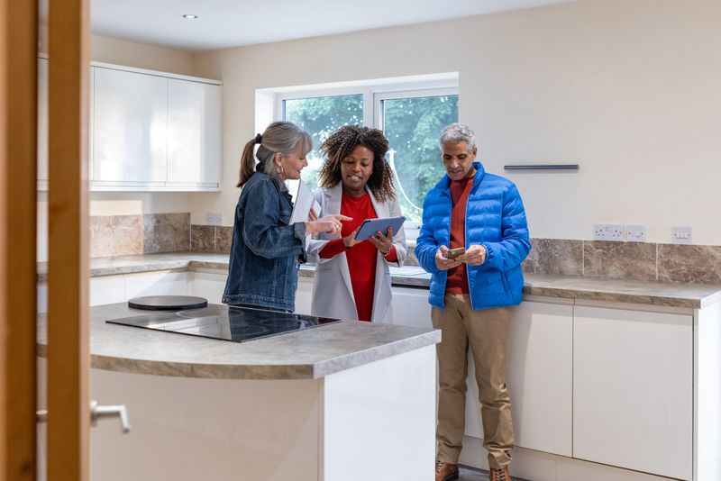 Wide shot of a female estate agent standing with a married couple who are viewing a vacant property in Northumberland, North East England. The estate agent is talking and holding a digital tablet whilst the female viewer holds paper plans and points towards the tablet screen. The male viewer is looking at his mobile phone.

Videos similar to this scenario available.