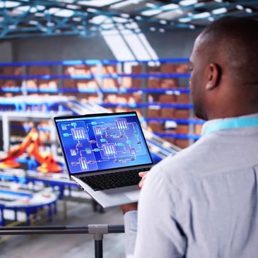 Engineer monitoring industrial processes on laptop in factory setting.