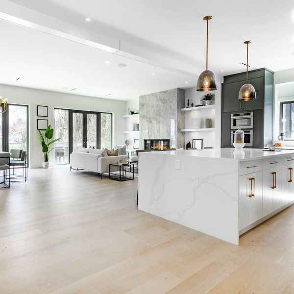 Bright and modern open-concept kitchen and living area with large windows and light wood flooring.