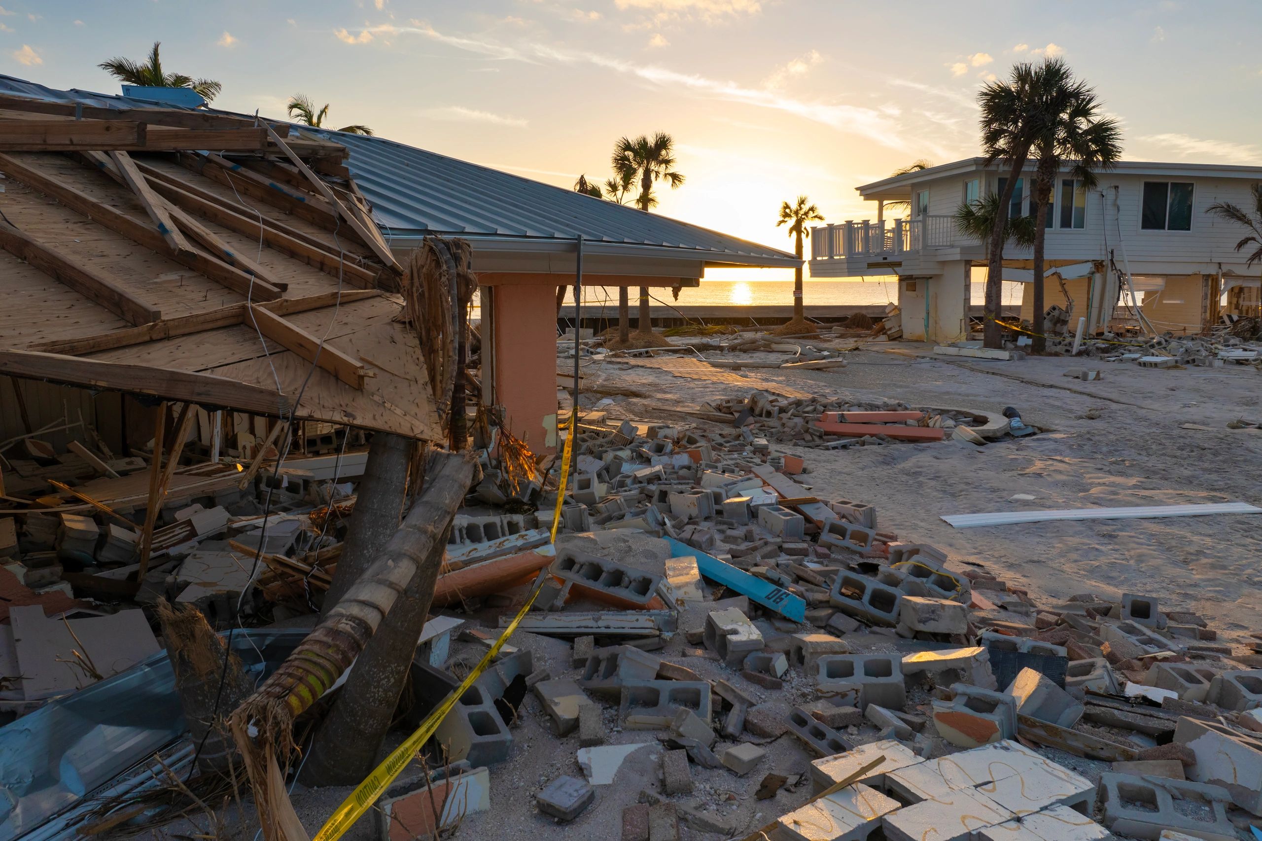 Storm damage and coastal debris after hurricane, for FEMA SBA disaster response and repair crews