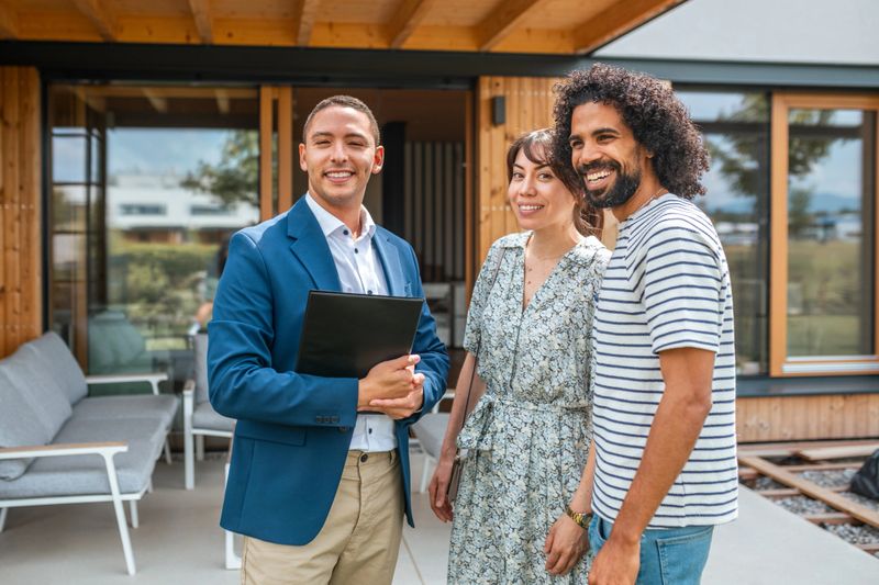 A cheerful diverse couple stands with a professional real estate agent, all smiling on a house patio, possibly discussing property details or finalizing a home purchase.