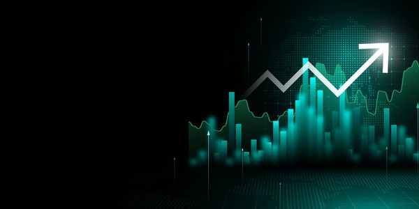 Glowing green financial chart with upward trend arrow on dark background.