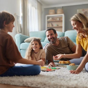Parents sitting on the floor playing games with school aged children.