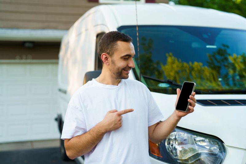 Young man pointed empty screen of smartphone in front of van