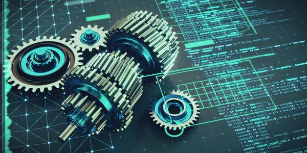 Mechanical gears intertwined with digital data visualization on a tech interface.
