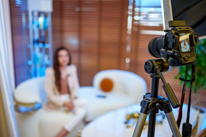 A close-up of a professional DSLR camera on a tripod capturing video content. The background features a blurred scene of a seated woman in a modern and elegant studio setting, with warm lighting and contemporary decor. The image emphasizes the camera's perspective and the process of high-quality video production.
