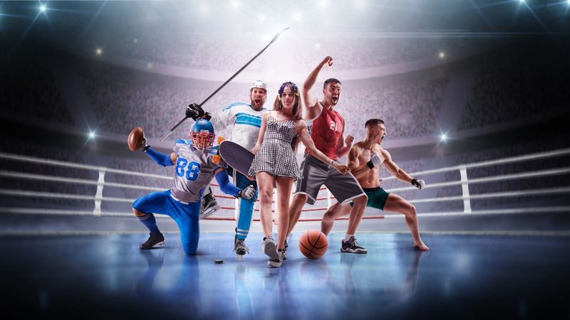 Sport winners on a big arena. Football, hockey, longboarding, basketball, MMA. Sport collage of professional athletes. Crazy emotion