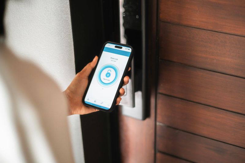Close-up of a hand using a smartphone app to control a smart lock, demonstrating modern home security technology. Suitable for concepts of IoT, convenience, and digital safety.