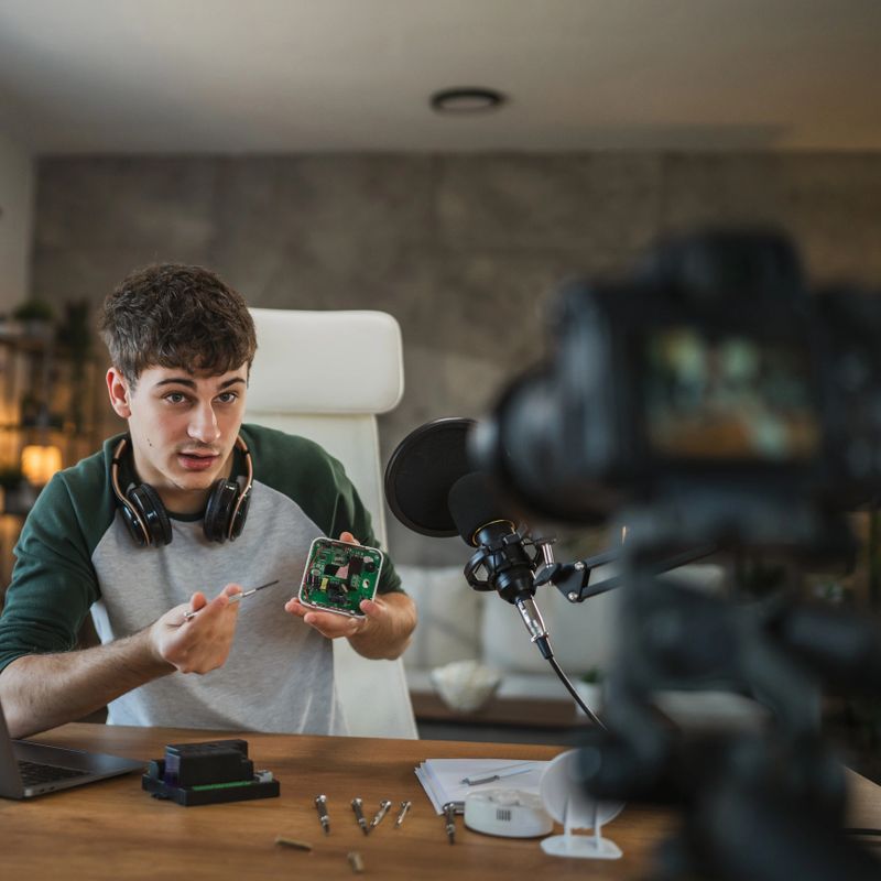 A young adult man with headphones sit at a desk in a home studio, demonstrating electronic equipment. A laptop, microphone, and video camera are in the foreground