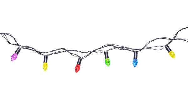 Colorful string lights with bulbs in purple, yellow, red, green, and blue.