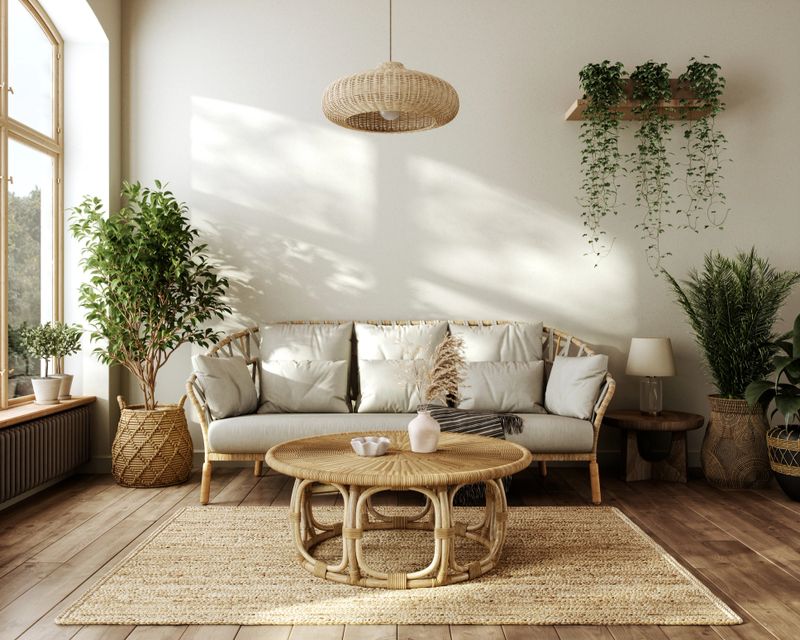 Living room designed in a Scandinavian style with boho-inspired elements, featuring wicker furniture, wooden flooring, and a neutral color palette.