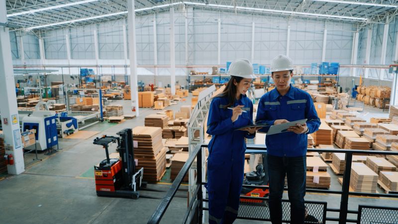 Team of engineers overseeing factory operations, focusing on logistics, safety, and productivity in an advanced industrial workspace.