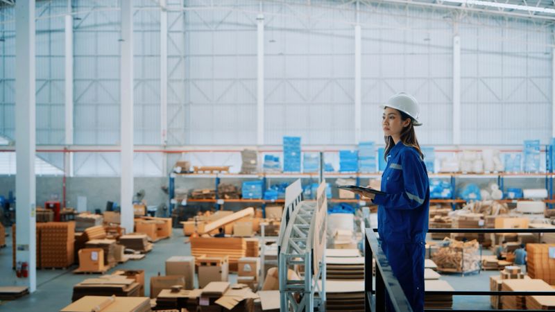 Female engineer in a hardhat and uniform supervising warehouse operations with precision. Managing logistics and production in a modern industrial environment.