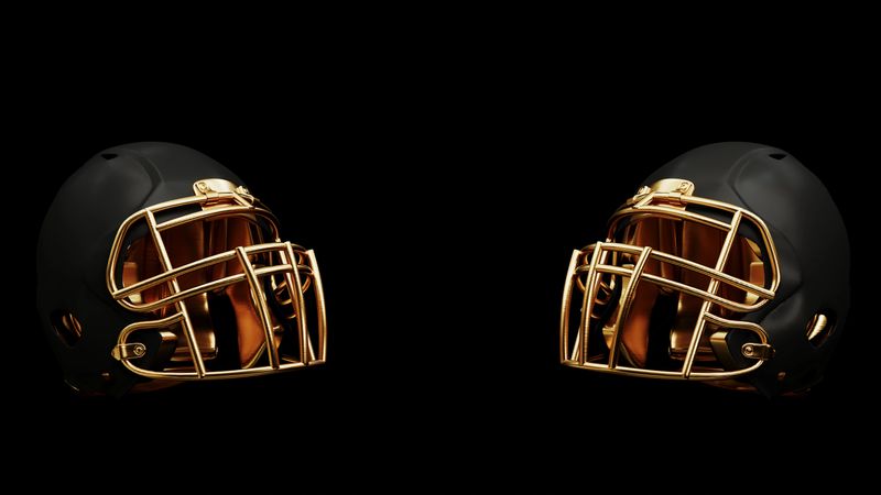 3D render of an American football background showing a football and trophy, celebrating Super Bowl victory and the thrill of the competition. Advertising banner with copy space