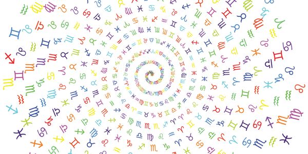 Colorful zodiac symbols arranged in a spiral pattern.