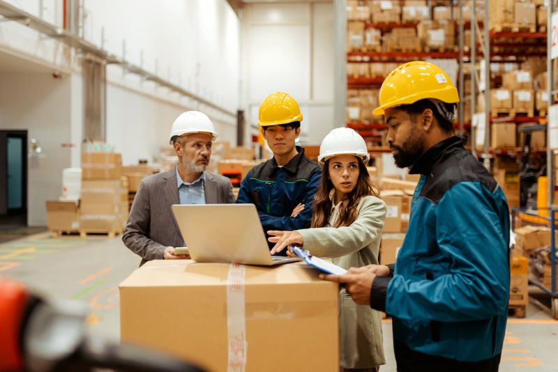 Two warehouse owners, with a laptop, speak to their workers in the busy warehouse environment. The owners, focused on the screen while talking to their team, are dressed in professional attire. The workers, dressed in safety gear, are paying close attention, engaged in the discussion. The background reveals a highly organized warehouse, showcasing the efficient workflows and the owners' use of technology to ensure smooth day-to-day operations.