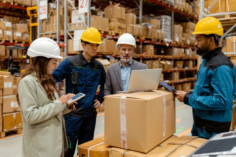 Two warehouse owners, one male and one female using laptop to review important data while discussing operations with their workers. The owners, dressed in business attire, are focused on the screen as they talk to the team of workers in safety gear, who are listening attentively. The organized shelves and inventory in the background highlight the efficiency of the warehouse, while the owners use of technology emphasizes their commitment to modern, streamlined operations.