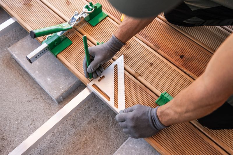 A craftsman carefully places a square tool on wooden planks during a deck renovation outdoors, ensuring precise alignment for a sturdy finish.