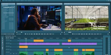 Video and audio timeline of editing. Multitracks of files being edited with video and sound.