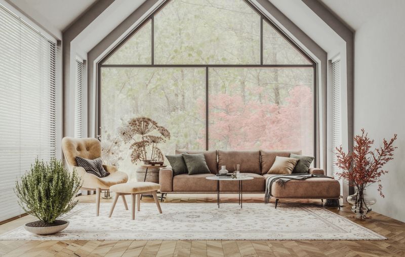 Cozy living room in modern house in the forest. 3D generated image.