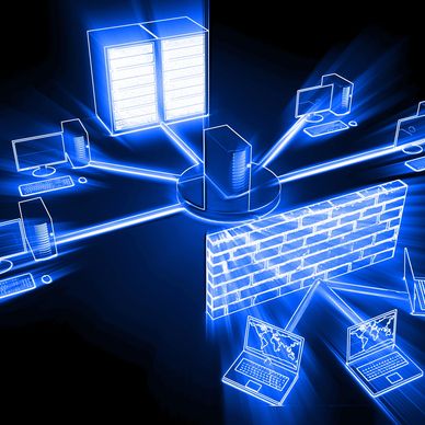 Digital illustration of a network firewall protecting computers and servers.