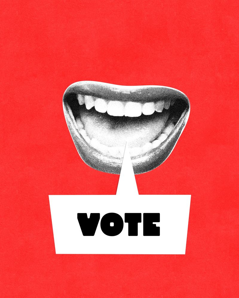 Contemporary art collage. Black and white open mouth speaking word VOTE inside white speech bubble against red background. Concept of voice as right to express and decision-making.