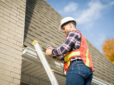 Worker climbing ladder at house
